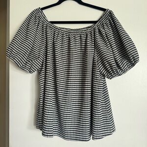 Lane Bryant Sz 18/20 Navy White Gingham Off Shoulder Short Puff Sleeve Top boho